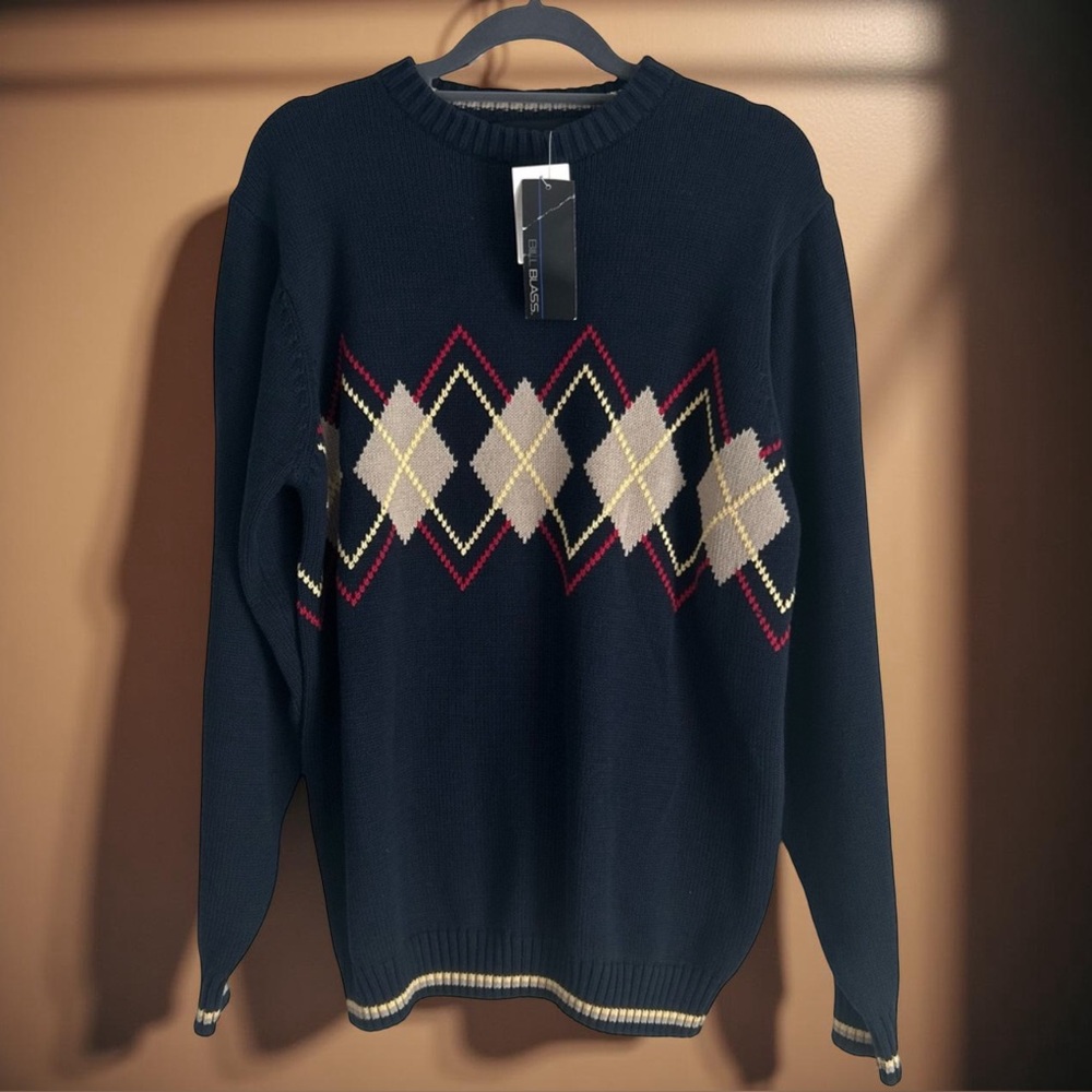 Men’s Bill Blass Classic Argyle Sweater - Navy Sz Medium 100% Cotton
